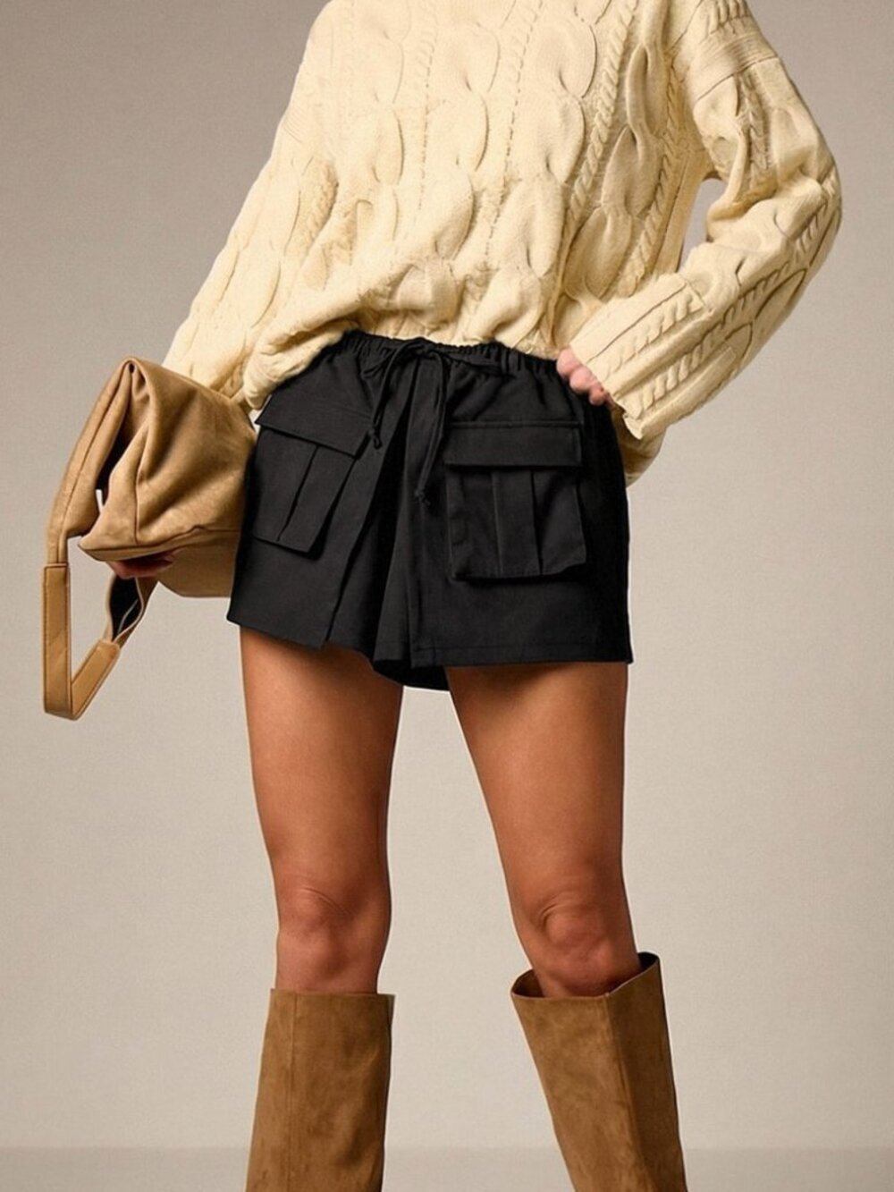 Black Utility Women's Cargo Shorts with Drawstring Waist and Flap Pockets